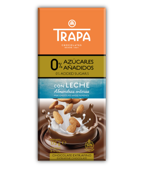 Млечен шоколад с бадеми Trapa, без захар, “Интензо”, 175 гр.