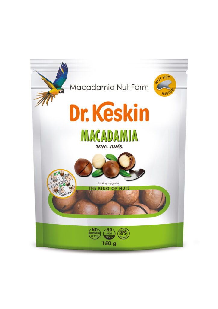 Макадамия ядки Dr. Keskin, сурови, предварително нарязани с черупки, 150 гр.