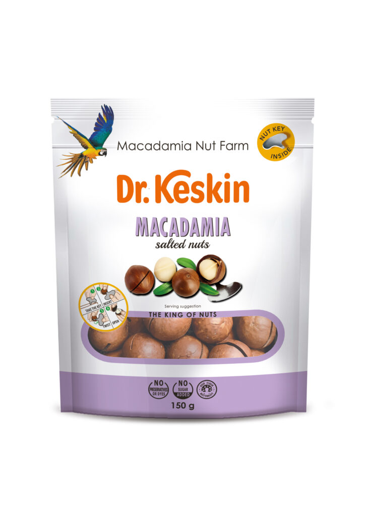 Макадамия ядки Dr. Keskin, солени печени, предварително нарязани с черупки, 150 гр.